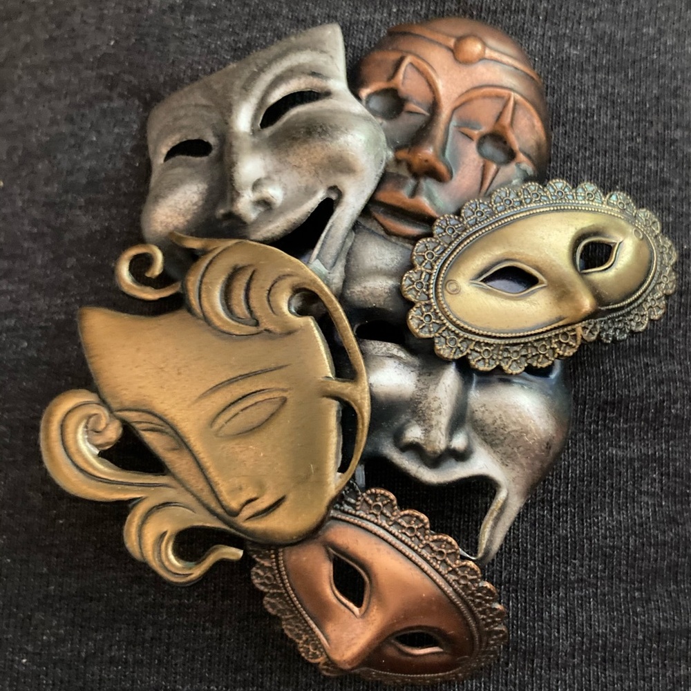 K & T Signed Tri-Colored Masquerade Brooch